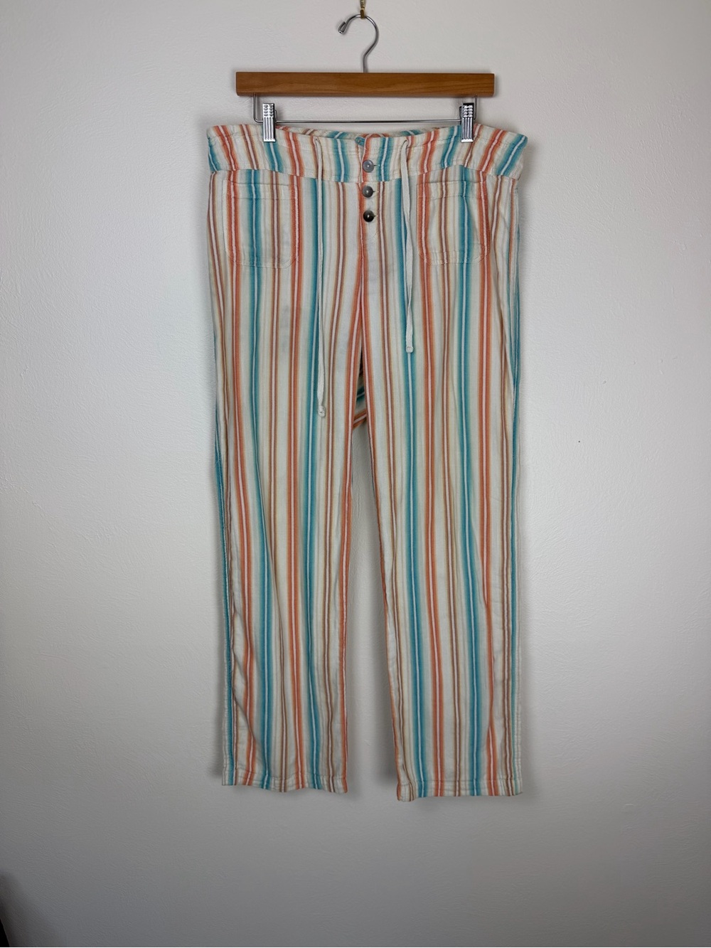 Sundance Gigi Wide Leg Striped Beachy Cotton Pants White Blue Orange Large